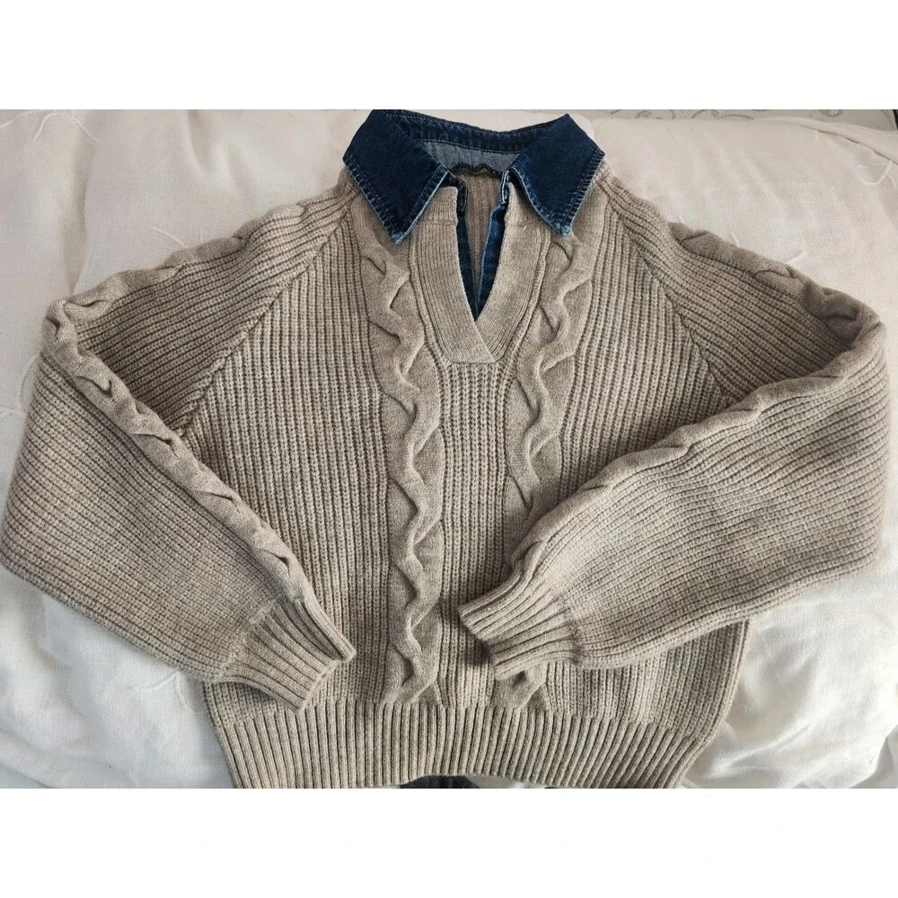 NWT COMMENSE Denim Collar Layered Sweater Beige Knit Sweater XS oversized fit - Picture 7 of 8